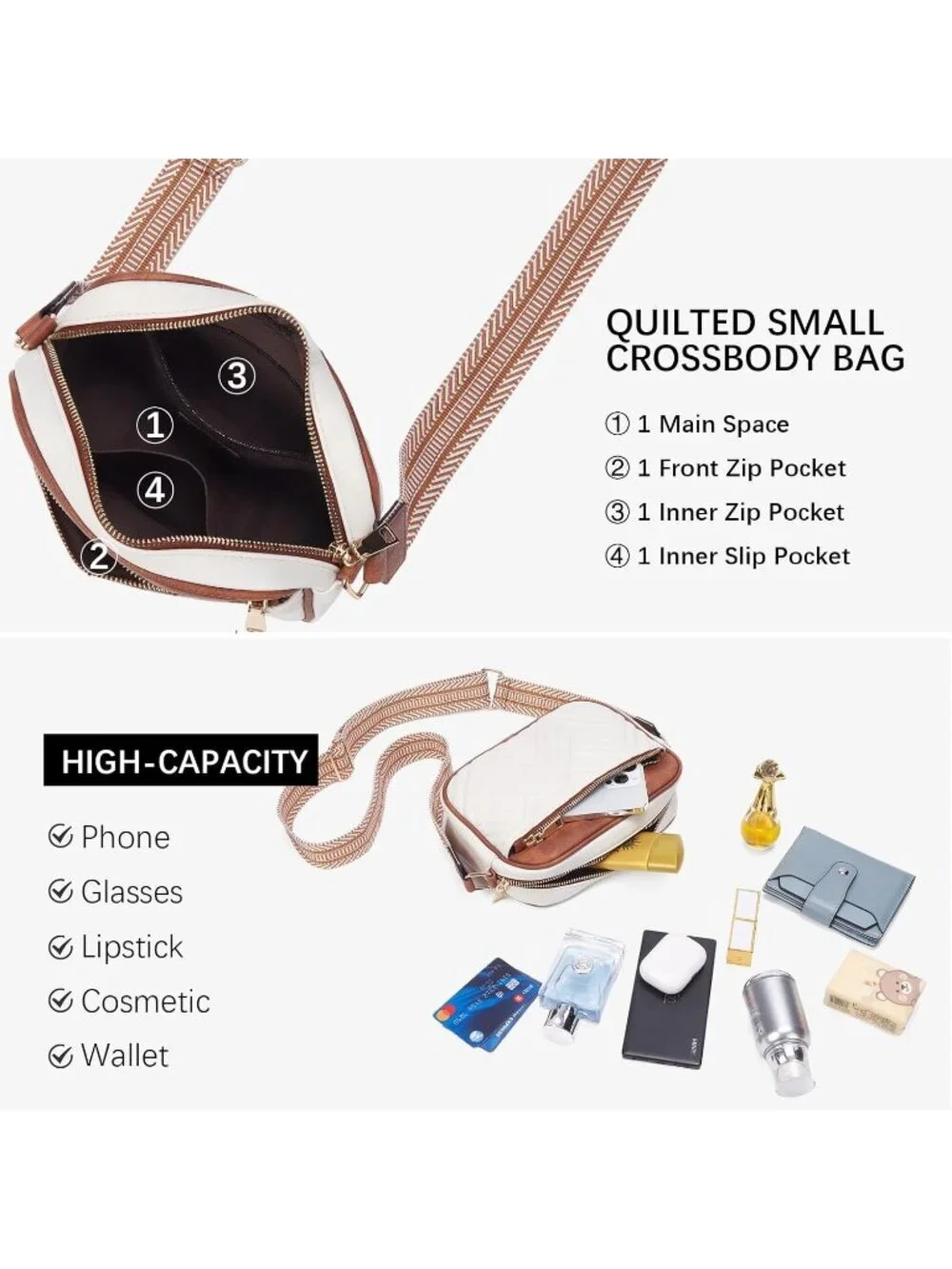 Women's Beige Brown Leather Crossbody Purses Shoulder Handbags with Wide Strap